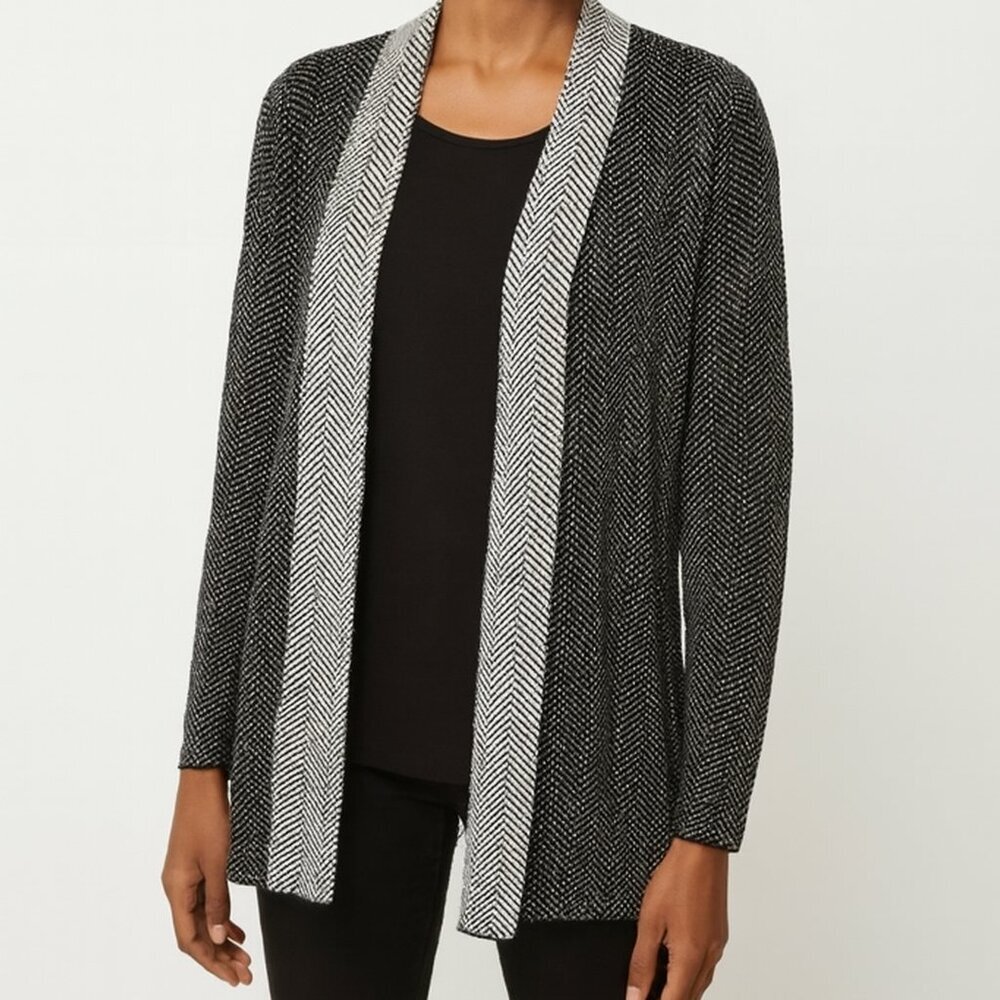 Leo & Nicole Black & White Chevron‎ Open Front Cardigan Knit Fall Transitional